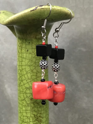 Coral (dyed), Onyx, Faceted Black Spinel Gems, Sterling Silver (Bali)