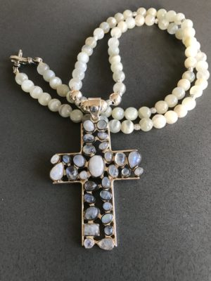Moonstone Cabochon Cross – XL Single Strand Gems Necklace With Pendant