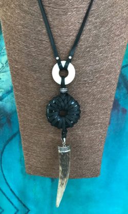Natural Antler and Leather Wrapped Onyx Pendant Necklace
